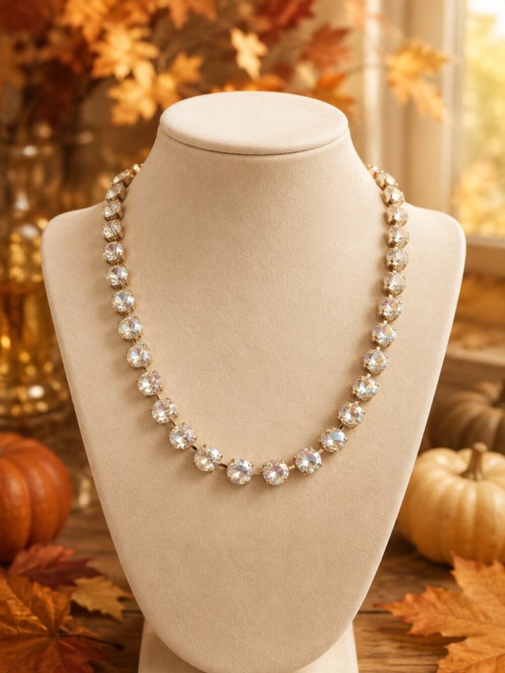 Clear Crystal Tennis Necklace, Gold Tone Rhinestone Necklace, Sparkling
